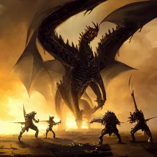 Prompt: Several knights in golden armor fighting a large black dragon, fantasy, medieval, highly detailed, Artstation, painting by Greg Rutkowski and Marc Simonetti