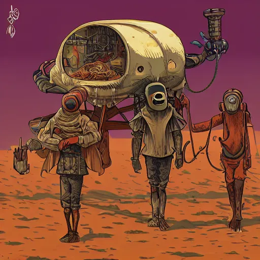 Prompt: several stoner merchants in robes with integrated bong gas mask appliances, trucking bales of herbs across an alien desert with camel-like creatures in tow. Album art by Arik Roper