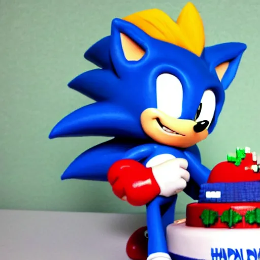 Image similar to pixel art sonic the hedgehog, smiling, holding a birthday cake, saying happy birthday!