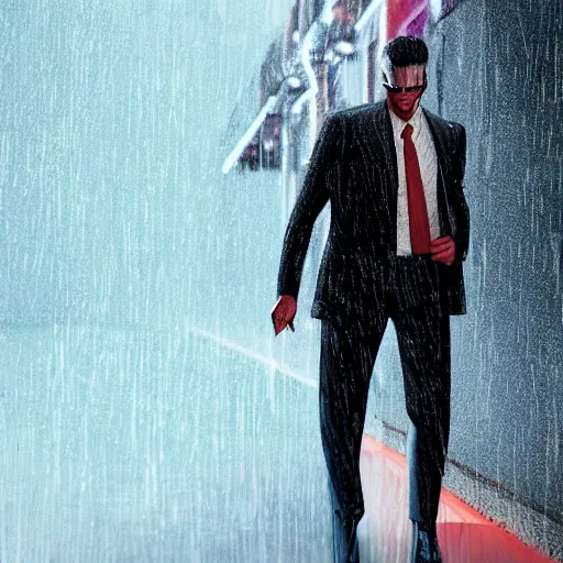 Prompt: stylish man cartoon portrait made out of rain, pinstripe suit, cyberpunk background, rendered in octane, unreal engine, highly detailed, trending on artstation, realistic, neon, beautiful, volumetric lighting, depth of field