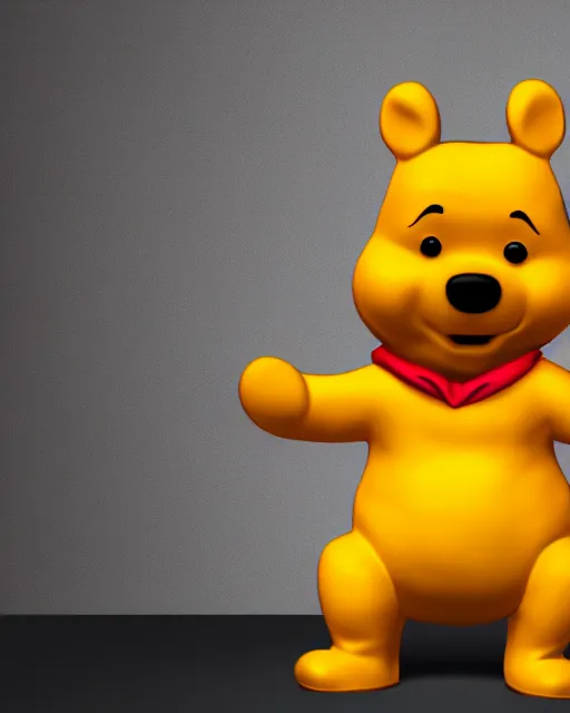 Prompt: full body 3d render of angry winnie-the-pooh wearing a suit as a funko pop, studio lighting, white background, blender, trending on artstation, 8k, highly detailed