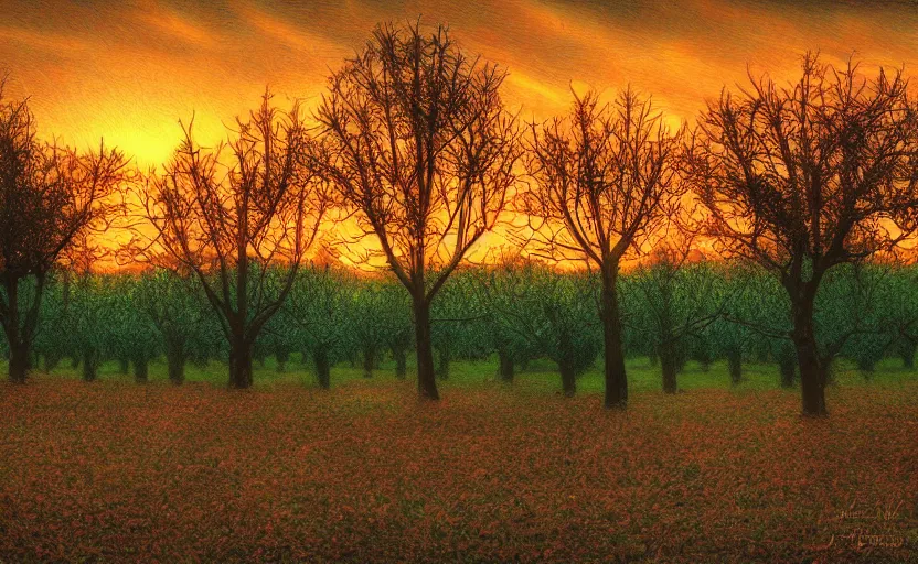 Prompt: an orchard at sunset, digital art, golden hour, beautiful lighting