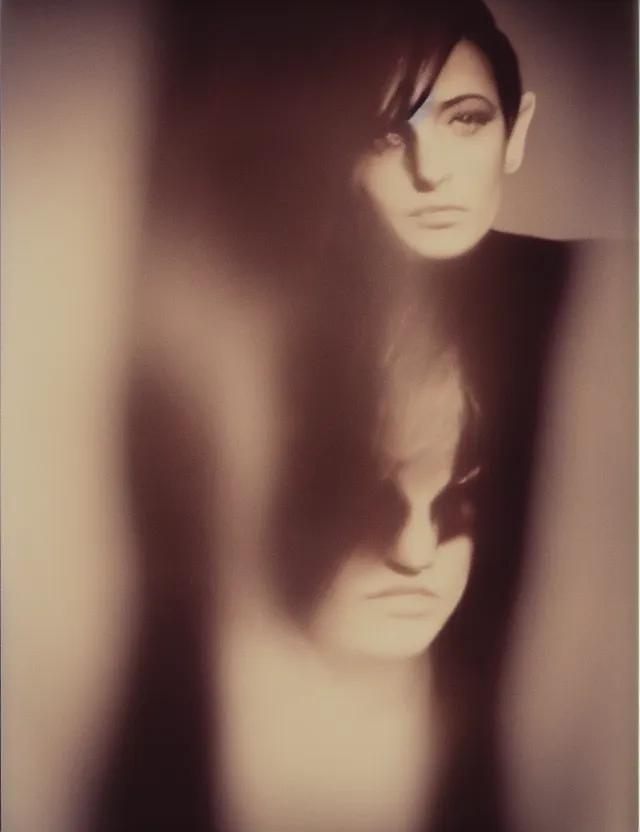 Prompt: polaroid photo with flash, non ordinary beauty female model, in a oversize blazer, polaroid photo bleached strong lights, kodak film stock, hyper real, stunning moody cinematography, with anamorphic lenses, by maripol, detailed