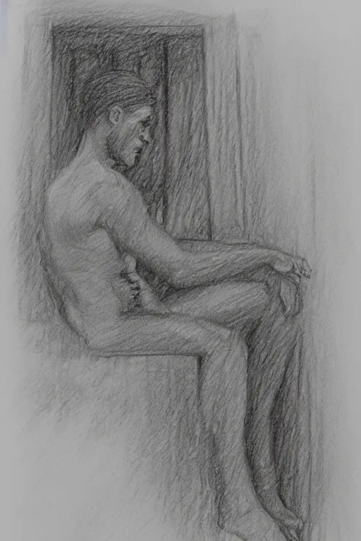 Image similar to the drawn man looks out into the black endless distance in the rain. pencil sketch