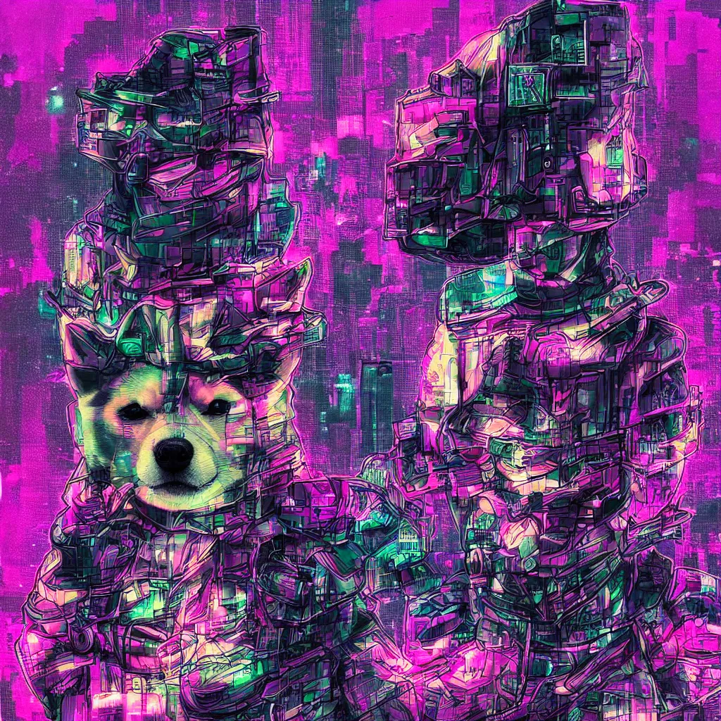 Image similar to Shiba inu, cyberpunk glitchcore synthwave art, trending on ArtStation