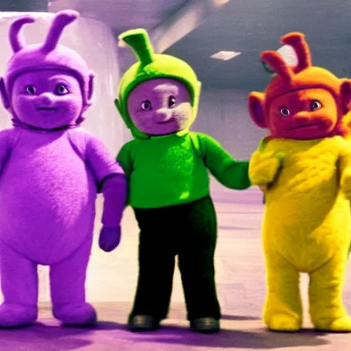 Prompt: teletubbies being arrested for arson at bowling alley