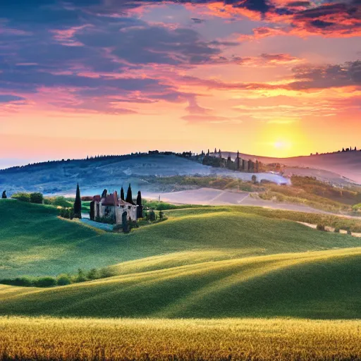 Prompt: a beautiful tuscan landscape with a little church sunset 8 k