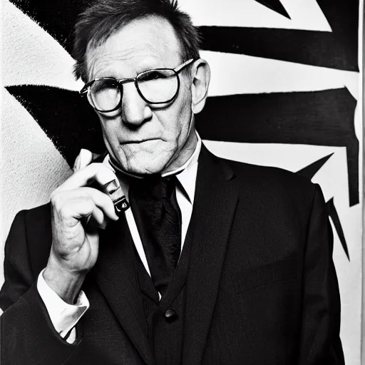 Image similar to a glamorous black and white portrait of ed o'neill with a cigar, artistic, heroic, amazing, in the style of helmut newton