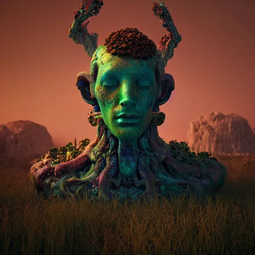 Image similar to ancient giant iridescent dead god being in desolate and lush landscape, moody, :: by James Jean, Jeff Koons, Dan McPharlin Daniel Merrian :: ornate, dynamic, particulate, rich colors, intricate, elegant, highly detailed, centered, artstation, smooth, sharp focus, octane render, 3d