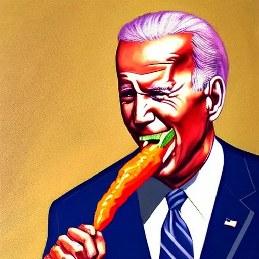 Image similar to joe biden eating a carrot, highly detailed, realistic, painting