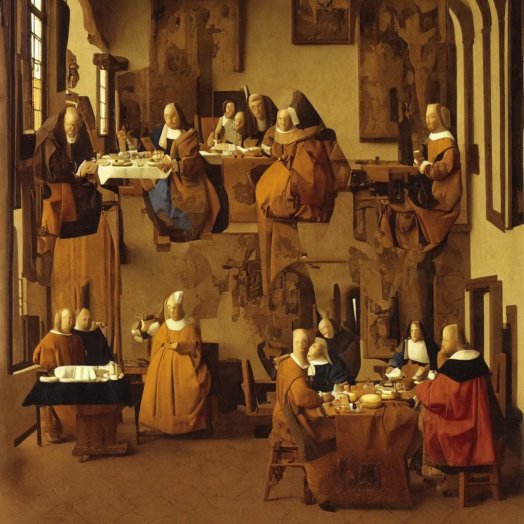 Image similar to Noble lunch. They dined in a large, richly furnished room. There were a lot of food on the table. Medieval painting by Jan van Eyck, Johannes Vermeer, Florence,