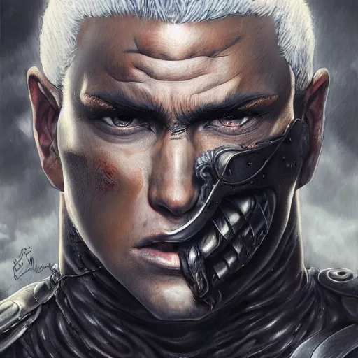 Prompt: semi realistic portrait of guts from berserk extremely detailed, made by wlop and maxwell boas