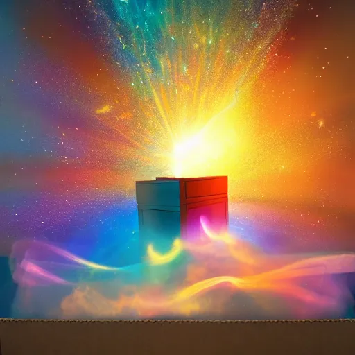 Image similar to a box full of imagination, exploding with beautiful light