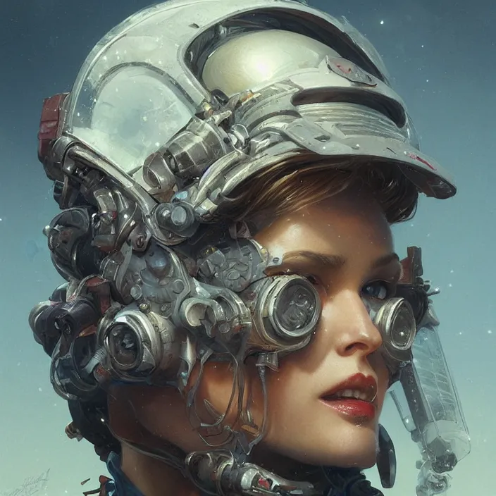 Prompt: a head and shoulders portrait of a female space pirate, neon, retro, steampunk, smooth, sharp focus, intricate, artstation, detailed concept art by Greg Rutkowski and Norman Rockwell and artgerm and Beksinski