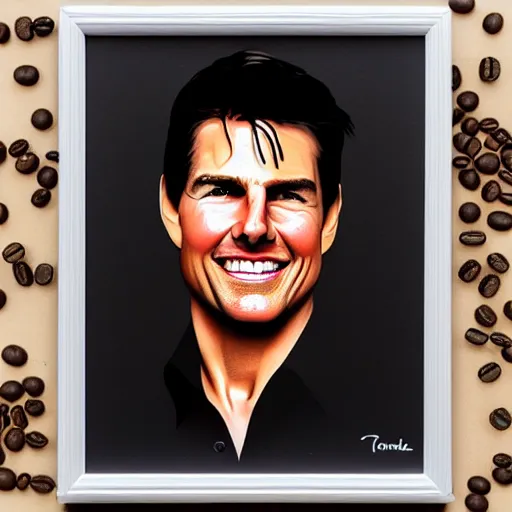 Image similar to tom cruise portrait recreated with coffee beans on a white surface, 8K, detailed, product photo