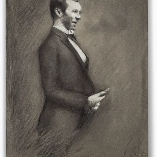 Image similar to portrait of an action hero, suit, tie, smile, by alfred stevens in charcoal
