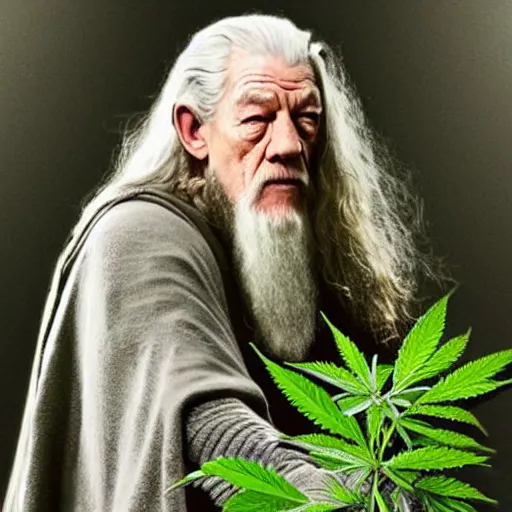 Image similar to Ian McKellen as gandalf holding a marijuana plant, photorealistic, detailed face, cinematic