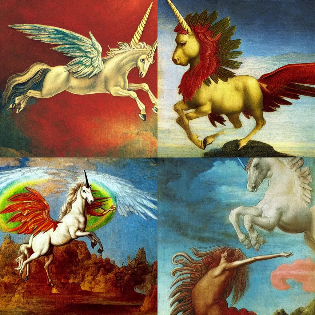 Prompt: winged unicorn with red eyes galloping on a rainbow bridge by leonardo davinci, white clouds in the background, oil painting, high detail, vibrant colors, high quality,