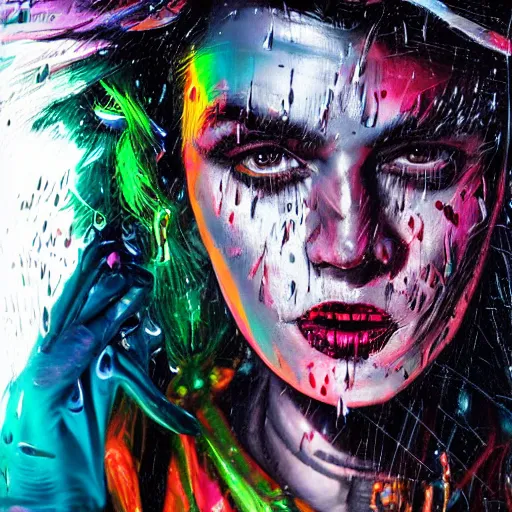 Image similar to splashes of neon, punk portrait made out of paint with rain in the background, trending on artstation, epic composition, emotional, beautiful, rendered in octane, highly detailed, realistic, tim burton comic book art, sharp focus, matte painting