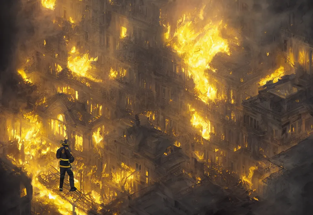 Prompt: one heroic firefighters with black and yellow uniforms in action inside white house, interior background, fire flames, sharp details, sharp focus, photorealistic, octane, hyper detailed, trending on deviantart, illustration, by jordan grimmer and greg rutkowski and pine ( ハイネ ), intricate