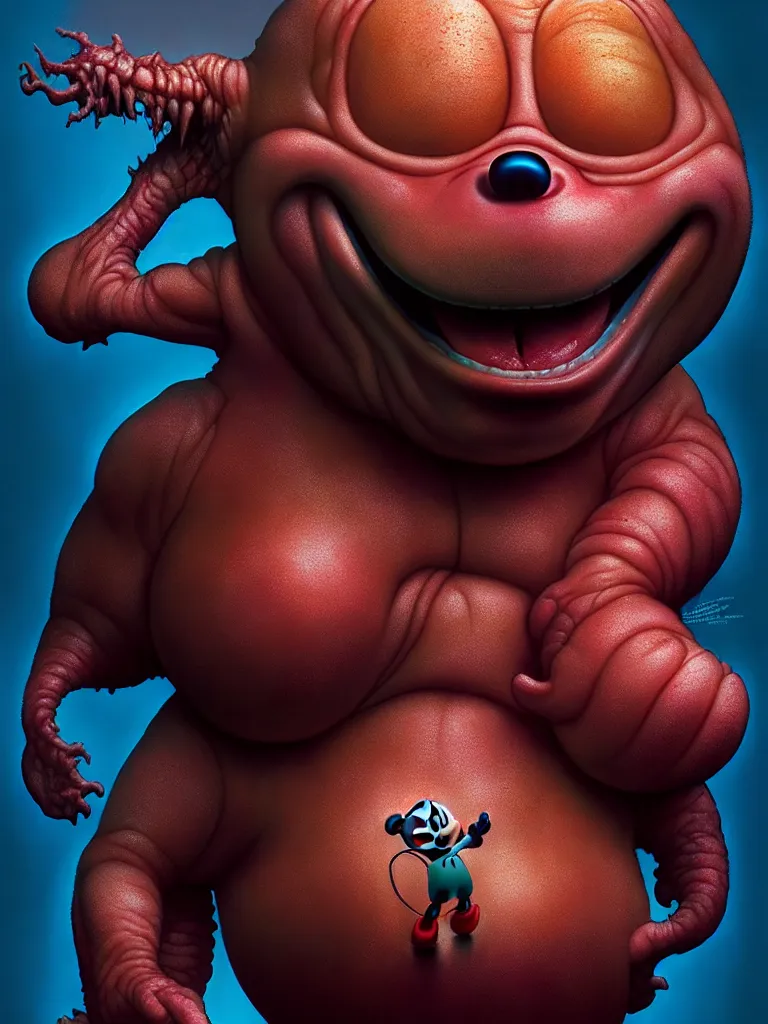 Image similar to hyperrealistic rendering, fat smooth john carpenter flesh monster mickey mouse by donato giancola and greg rutkowski and wayne barlow and zdzisław beksinski, product photography, action figure, sofubi, studio lighting, colored gels, colored background