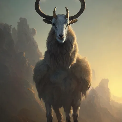 Prompt: the eternal goat, bringer of light. Highly detailed painting Greg rutkowski. Good clear quality, high detail, octagon render 8k