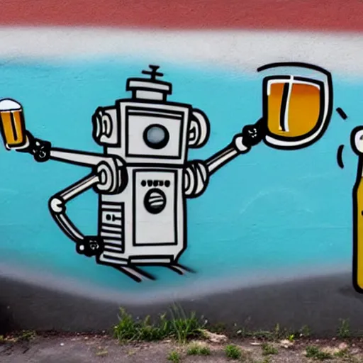 Prompt: a graffiti on a wall illustrating a robot drinking beer, award-winning