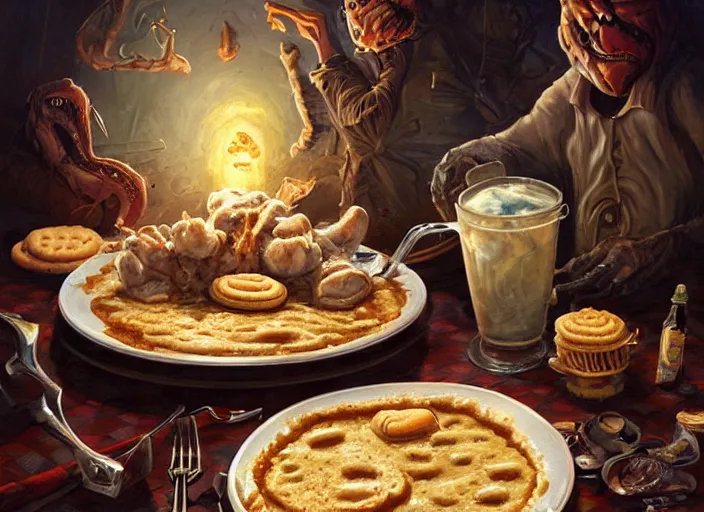 Prompt: extremely fat redneck gobbling down a plate of biscuits and gravy, cosmic horror painting, elegant intricate digital painting artstation concept art by mark brooks and brad kunkle detailed