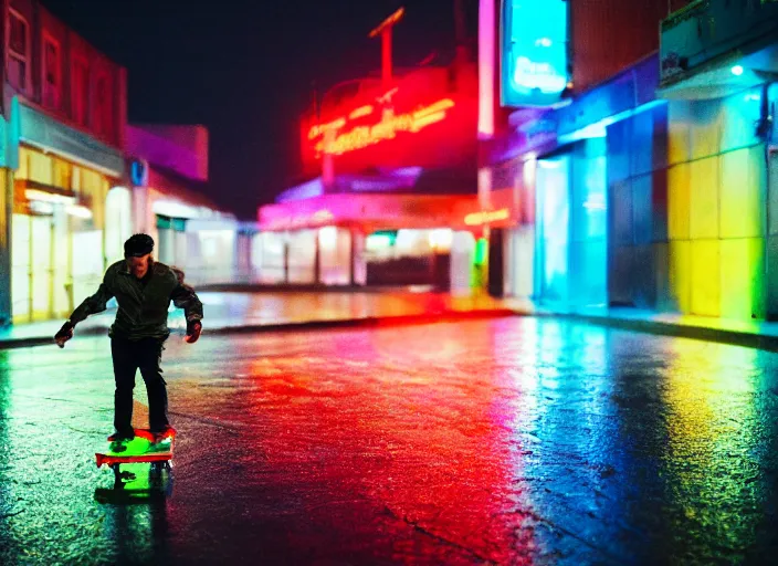 Prompt: a person skateboards through an empty neon town in the rain, colored gel lighting, reflective surfaces, midnight, portra, film grain, reminiscent of blade runner