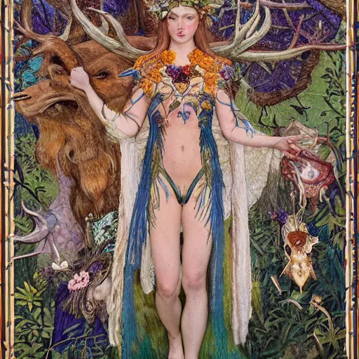 Image similar to queen of the forest wearing an antler crown, by Annie Swynnerton and Nicholas Roerich and (((Donato Giancola))), embroidered robes, floral tattoos, bioluminescent skin!, elaborate costume, geometric ornament, symbolist, soft colors, dramatic lighting, smooth, sharp focus, extremely detailed