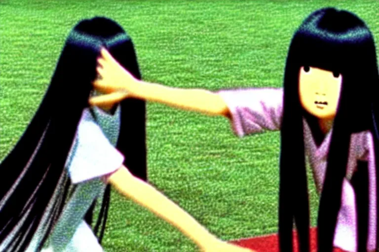 Image similar to a still photo of sadako from the ring movie playing baseball colored