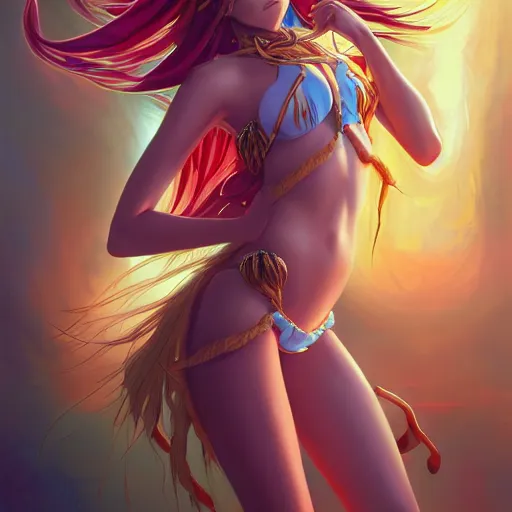 Prompt: anime portrait of a beautiful woman in bikini undress as a shaman yedi using dark force to eliminate trump as an anime antagonist by Stanley Artgerm Lau, WLOP, Rossdraws, James Jean, Andrei Riabovitchev, Marc Simonetti, and Sakimichan, trending on artstation