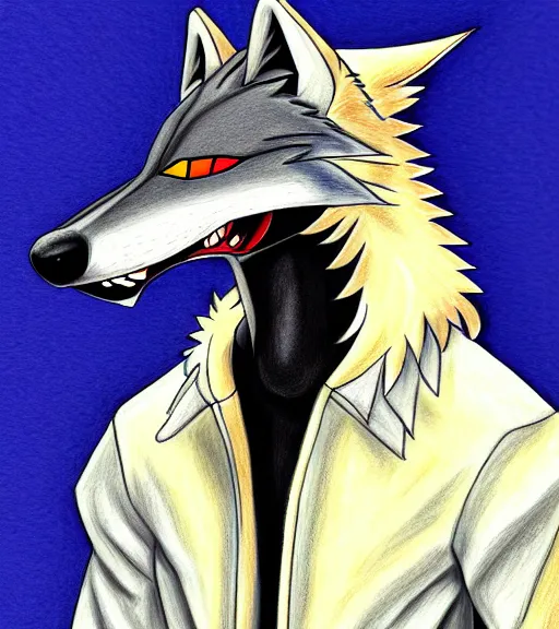 Image similar to expressive stylized master furry artist digital colored pencil painting full body portrait character study of the sergal wolf small head fursona animal person wearing clothes jacket and jeans by master furry artist blotch