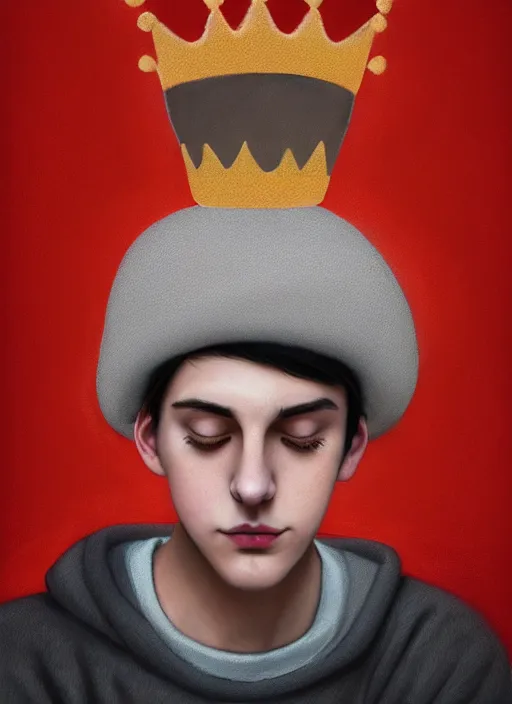 Image similar to portrait of teenage jughead jones wearing a light grey crown, photorealistic, crown, eyes closed, crown, black hair, sweater with letter s on it, letter s, intricate, elegant, glowing lights, highly detailed, digital painting, artstation, concept art, smooth, sharp focus, illustration, art by wlop, mars ravelo and greg rutkowski