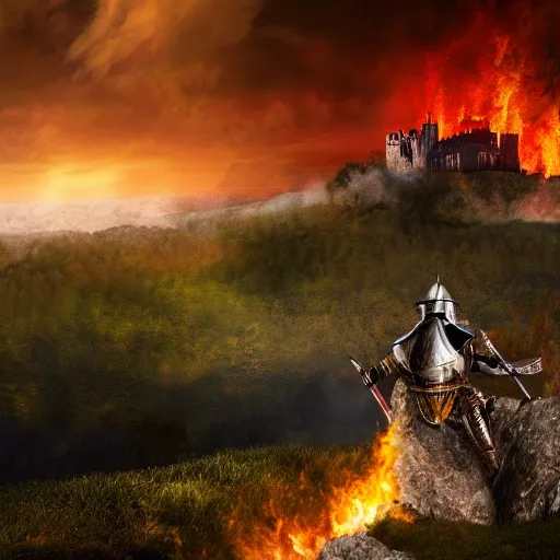 Image similar to a knight going to jump to get on dragons back as fire inflames the ground beneath him, with castle in distance, stormy, raining, 4 k, hd, realistic