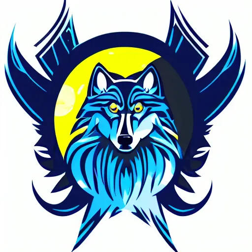 Image similar to a nice beautiful e-sports logo of a howling wolf with full moon, svg vector, blue and yellow, flat colors