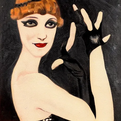 Image similar to a 1 9 2 0 s flapper woman offering her hand to dance in black satin gloves, enticing the viewer to join a jazz party taking place behind her in a dimly lit speakeasy, circa 1 9 2 4, depth of field, oil on canvas