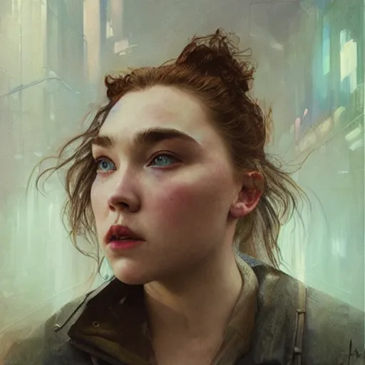 Image similar to florence pugh, hyperrealistic portrait, bladerunner street, art of elysium by jeremy mann and alphonse mucha, fantasy art, photo realistic, dynamic lighting, artstation, poster, volumetric lighting, very detailed face, 4 k, award winning