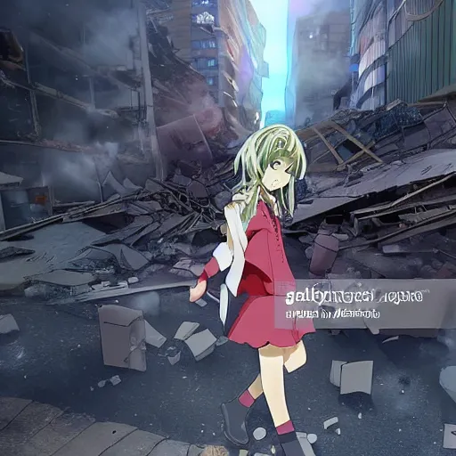 Image similar to anime girl destroys a city, news photo