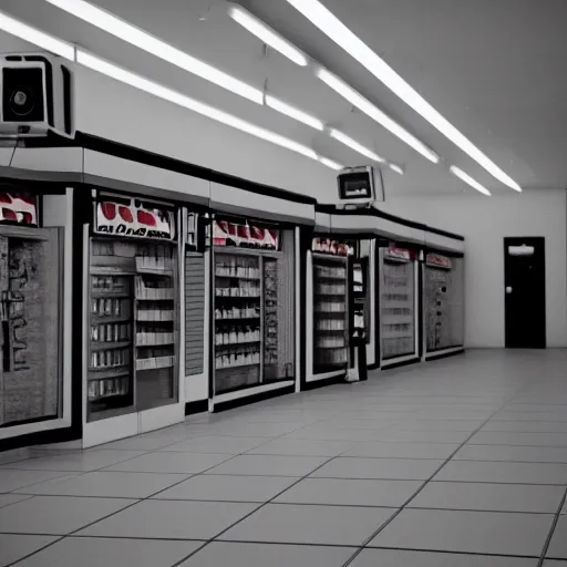 Image similar to cinestill 5 0 d photograph of the inside of an empty convenience store, liminal space, lonely, mannequins, 3 5 mm, raw, unedited, cinema 4 d, cinematic