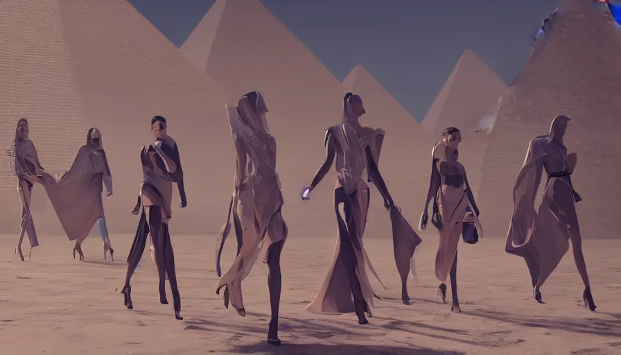 Image similar to Fashion Catwalk inside the Pyramids, Concept Art, Artstation, Hyperdetailed, Unreal Engine, Octane, Redshift, 4k, Fashion Photography