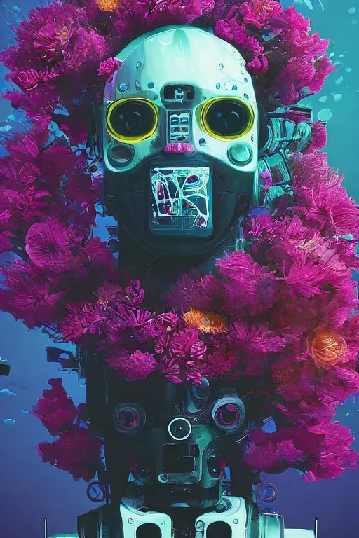 Image similar to closeup, underwater digital painting of a robot wearing a suit made of flowers, cyberpunk portrait by Filip Hodas, cgsociety, panfuturism, made of flowers, dystopian art, vaporwave