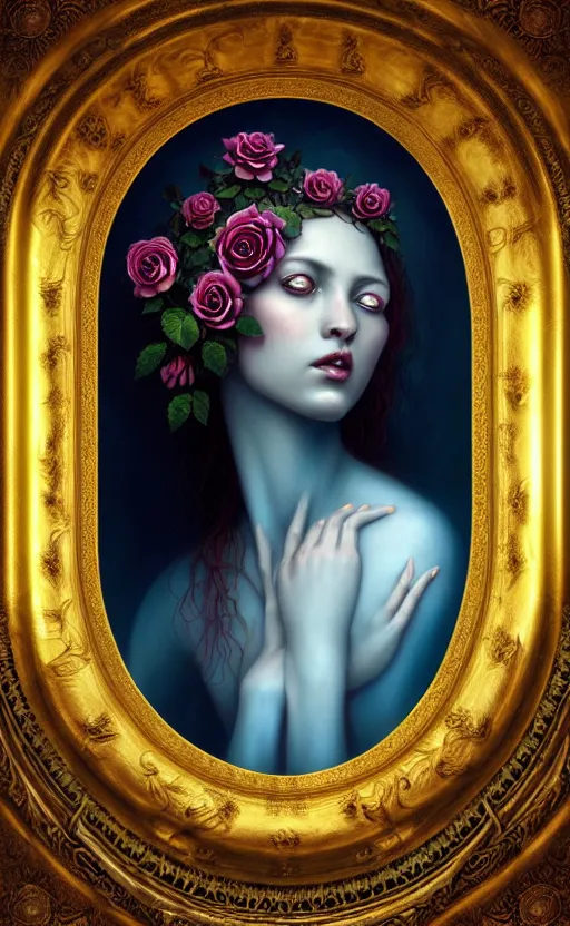 Image similar to portrait of a beautiful rose goddess, unusual beauty, esoteric, outher worldly colours, head in focus, fantasy art, ornamental rose blue aesthetics,, intricate, elegant, highly detailed hyperrealistic painting, artstation, concept art, painterly, golden ratio, sharp focus, illustration, art by tomasz alen kopera