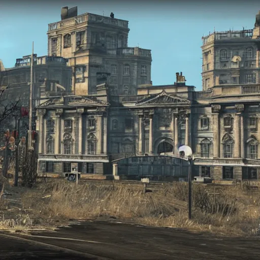 Image similar to buckingham palace in ruins post - nuclear war in fallout 4, in game screenshot