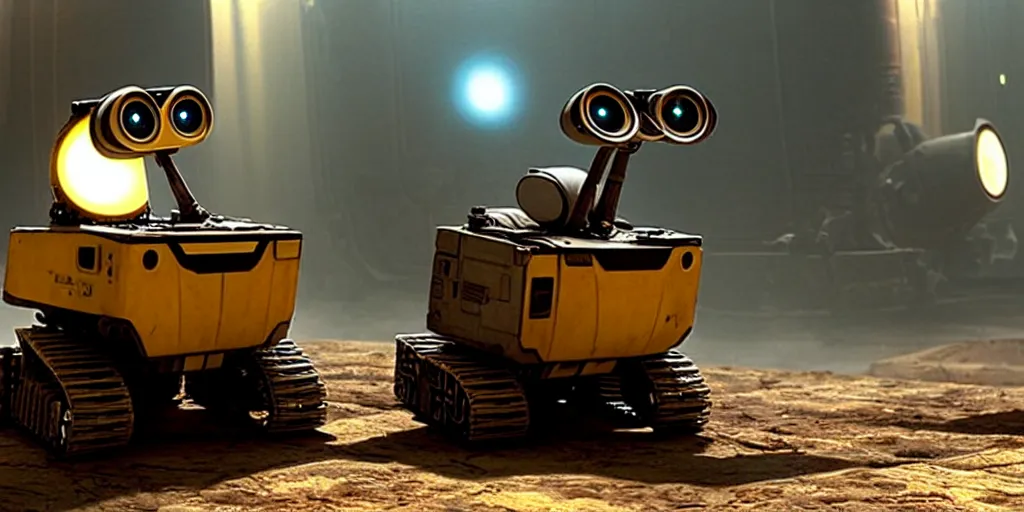 Prompt: wall - e in big datacenter shot from george lucas movie