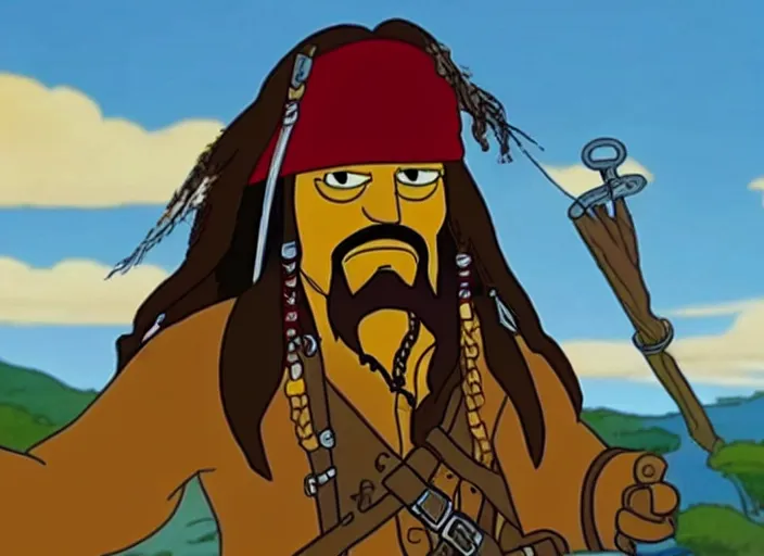 Prompt: film still of captain jack sparrow in the simpsons movie