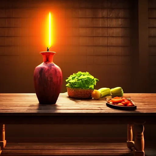 Image similar to a large vase on top of a antique wooden table, vegetables on table and candle, medieval concept art, cinematic lightning and colors, vray tracing, rendered in unreal engine, dark lightning, contrast shadows