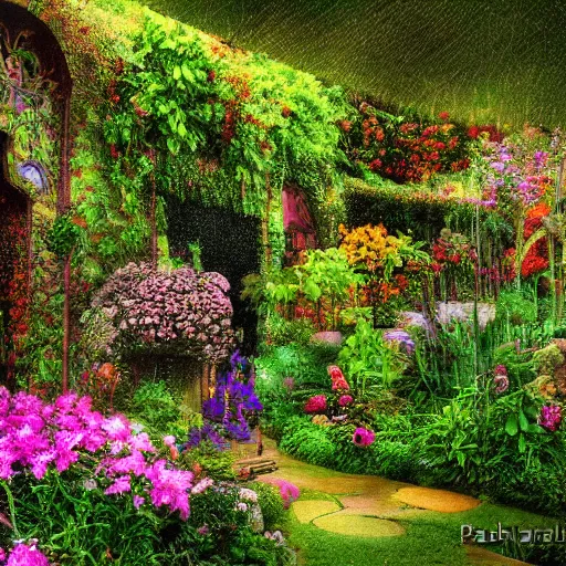 Image similar to a fairytale garden by pablo amaringo