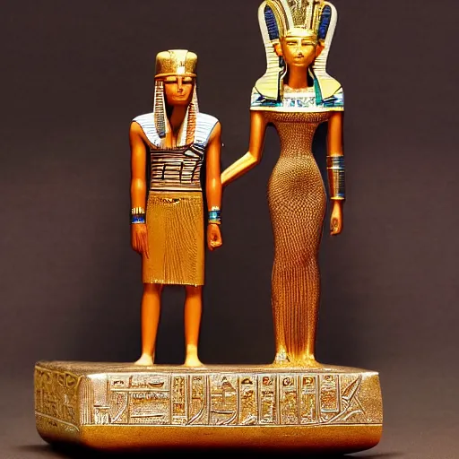 Prompt: donald and melania trump as egyptian king and queen, elegant, majestic, powerful, pyramids, anunaki, hieroglyphs, lush, rainforest, river, green, river god, wilbur smith, gold, trump tower