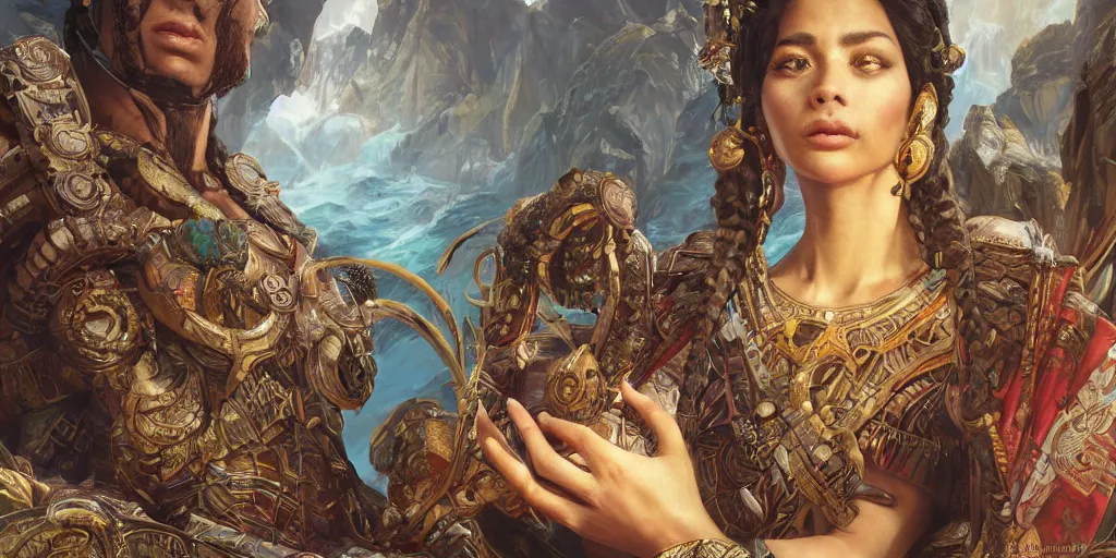 Image similar to inca emperor, hydra, deep focus, intricate, elegant, highly detailed, photorealistic rendering, sharp focus, illustration, hearthstone, art by artgerm and greg rutkowski and alphonse mucha